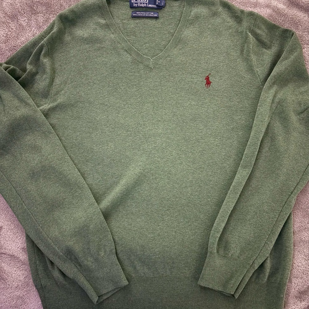 Ralph Lauren Olive Green V-Neck Sweater with Red Polo Logo